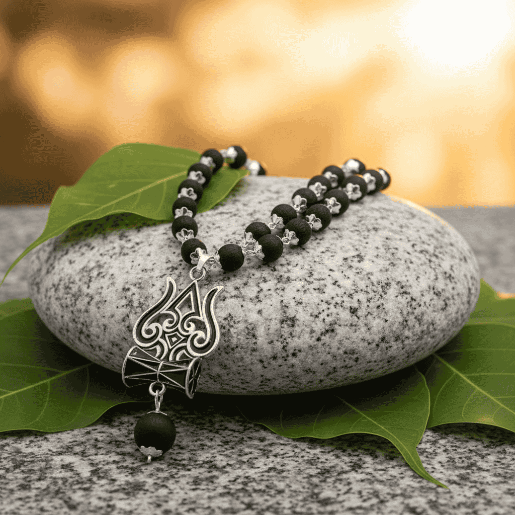 Original Karungali Mala with Lord Shiva Trishul pendant (German Silver)